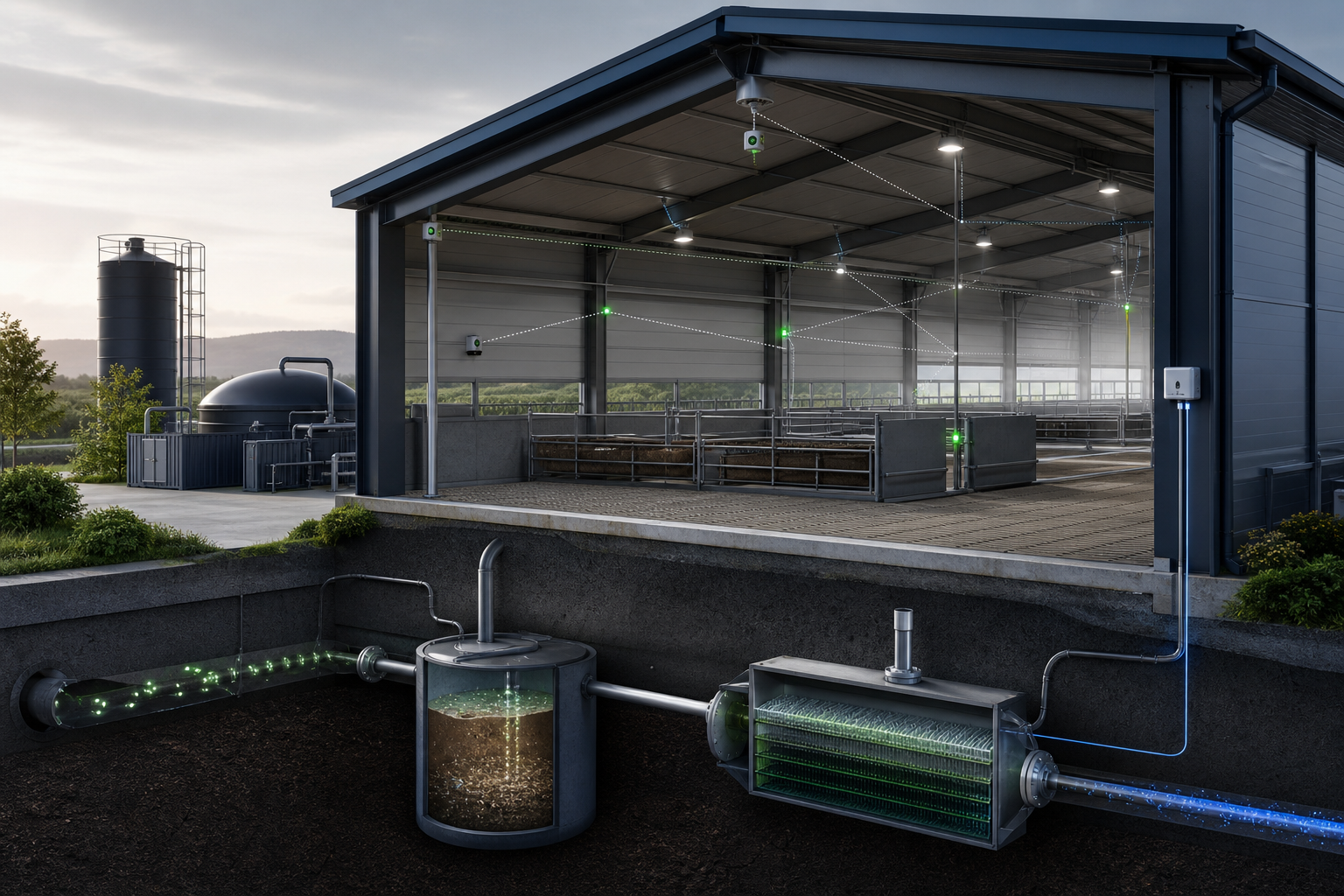 Carbon-reduction technology concept showing a sensor network and data flow for livestock methane monitoring